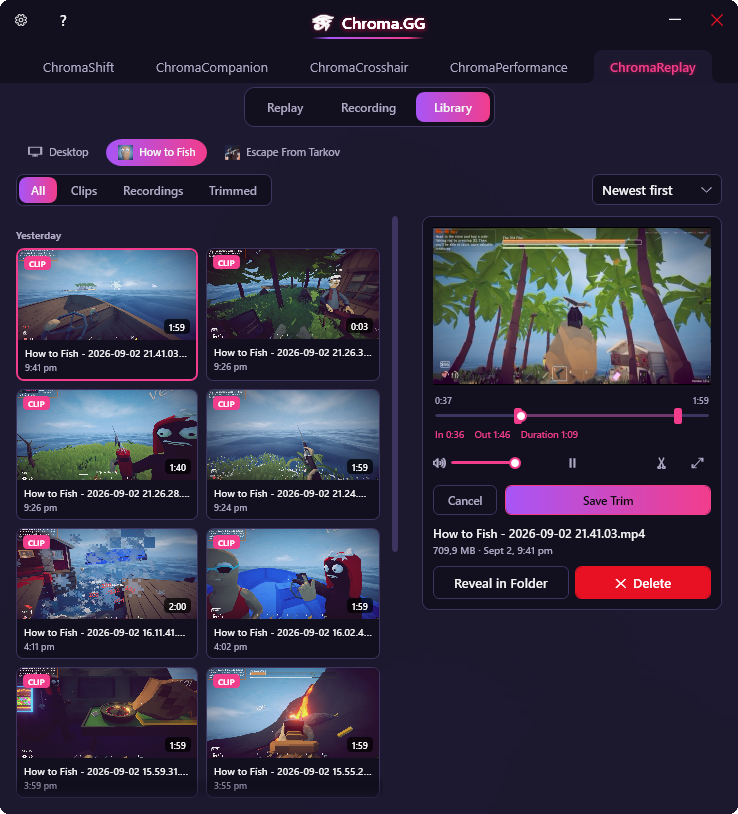 Chroma.GG Library tab showing clips grouped by day with an inline player and trim controls